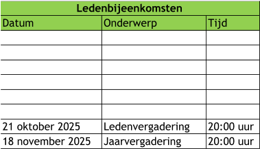 Datum  Onderwerp Tijd 21 oktober 2025 Ledenvergadering 20:00 uur 18 november 2025 Jaarvergadering 20:00 uur Ledenbijeenkomsten
