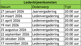 Datum  Onderwerp Tijd 27 januari 2026 Jaarvergadering 20:00 uur 24 maart 2026 Ledenvergadering 20:00 uur 21 april 2026 Ledenvergadering 20:00 uur 19 mei 2026 Ledenvergadering 20:00 uur 25 augustus 2026 Ledenvergadering 20:00 uur 22 september 2026 Ledenvergadering 20:00 uur 20 oktober 2026 Ledenvergadering 20:00 uur 17 november 2026 Ledenvergadering 20:00 uur Ledenbijeenkomsten