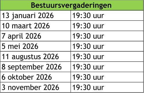 13 januari 2026 19:30 uur 10 maart 2026 19:30 uur 7 april 2026 19:30 uur 5 mei 2026 19:30 uur 11 augustus 2026 19:30 uur 8 september 2026 19:30 uur 6 oktober 2026 19:30 uur 3 november 2026 19:30 uur Bestuursvergaderingen